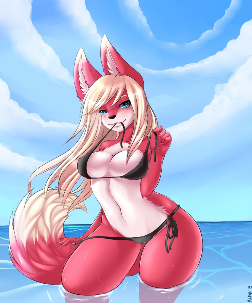 2015 anthro avoid_posting big_breasts bikini black_nose blonde_hair blue_eyes blush breasts canine cleavage clothed clothing cloud conditional_dnp female fox fur hair long_hair looking_at_viewer mammal mrawl navel outside pink_fur sea sky smile solo standing swimsuit thick_thighs undressing water white_fur wide_hips