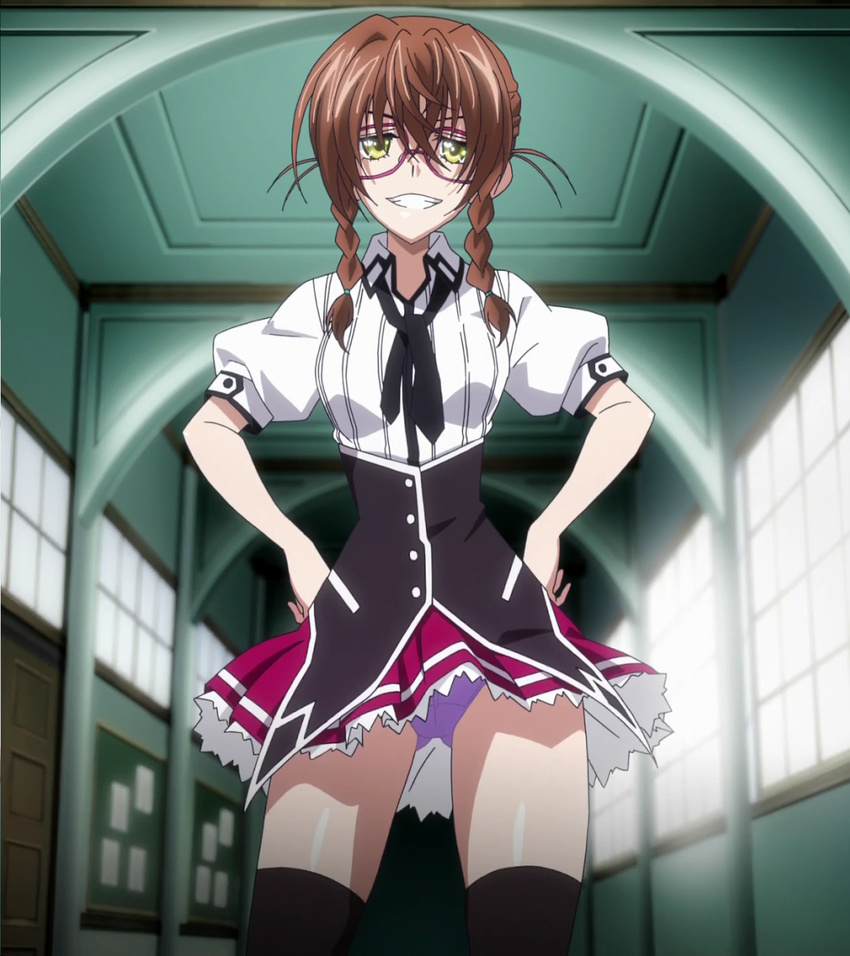 1girl glasses high_school_dxd kiryuu_aika panties purple_panties school_uniform solo standing stitched twin_braids underwear