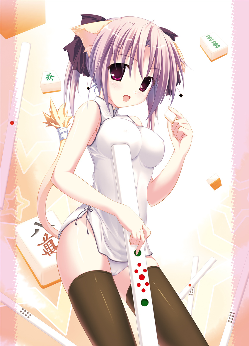 absurdres animal_ears bad_id bad_pixiv_id breasts brown_legwear cameltoe china_dress chinese_clothes covered_navel covered_nipples dress fujisaki_rei highres impossible_clothes large_breasts lavender_hair mahjong mahjong_tile open_mouth original panties purple_eyes solo tail tenbou thighhighs underwear white_panties