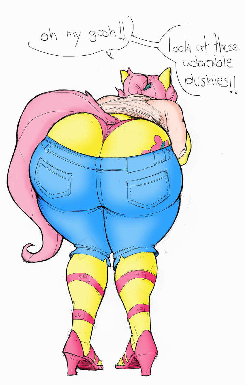 absurd_res anthro anthrofied bent_over butt clothing colored cutie_mark dialogue edit english_text equine female fluttershy_(mlp) friendship_is_magic hair hi_res high_heels horse mammal my_little_pony panties pink_hair pony rear_view solo text underwear upright-infinity