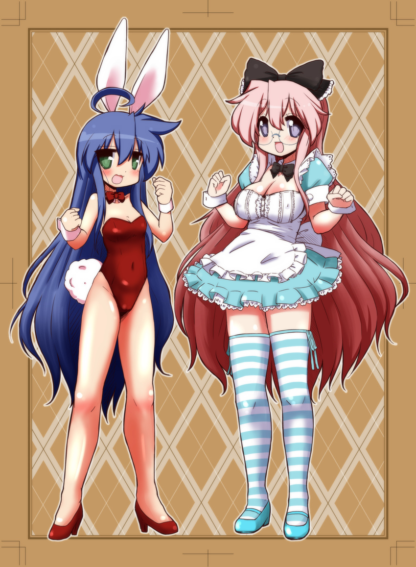 :d ahoge alice_(wonderland) alice_(wonderland)_(cosplay) alice_in_wonderland blue_hair blush bow breasts bunny_tail bunnysuit cleavage cosplay covered_navel dress glasses green_eyes hair_bow highres izumi_konata large_breasts long_hair looking_at_viewer lucky_star mizushima_(p201112) mole mole_under_eye multiple_girls open_mouth pink_hair purple_eyes small_breasts smile striped striped_legwear tail takara_miyuki thighhighs trim_marks very_long_hair