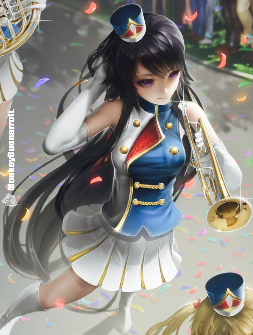 artist_name bad_id bad_pixiv_id band_uniform bare_shoulders black_hair blonde_hair boots buttons confetti elbow_gloves french_horn gloves hat hibike!_euphonium highres instrument knee_boots kousaka_reina long_hair monkey_buonarroti pleated_skirt purple_eyes shako_cap skirt sleeveless solo trumpet very_long_hair white_footwear