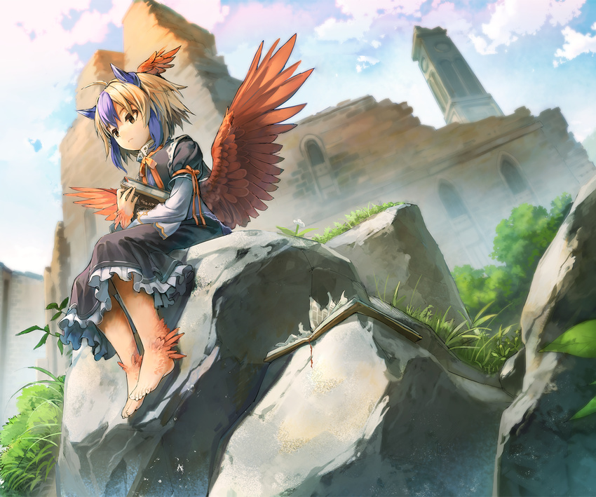 ankle_wings arm_ribbon bad_id bad_pixiv_id barefoot bird_wings blue_hair blue_sky book brown_eyes cloud day eho_(icbm) feathered_wings feathers grass head_wings holding holding_book juliet_sleeves long_sleeves looking_away multicolored_hair outdoors puffy_sleeves red_wings ribbon rock ruins shirt short_over_long_sleeves short_sleeves silver_hair sitting sitting_on_rock skirt skirt_set sky solo tokiko_(touhou) touhou two-tone_hair wings