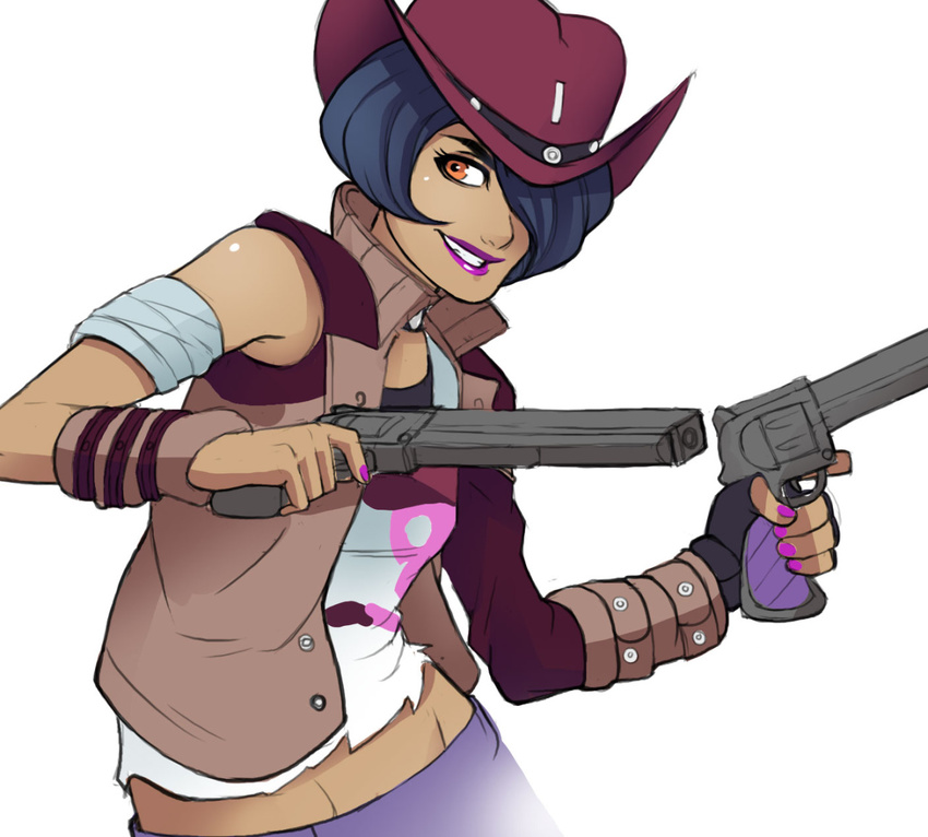 1girl bandaged_arm black_hair borderlands borderlands_the_presequel cowboy_hat dark_skin dual_wielding flipped_hair greenmarine grin gun hair_over_one_eye handgun hat lips lipstick makeup midriff mismatched_sleeves nail_polish nisha open_clothes open_vest orange_eyes pink_nails pistol purple_lipstick revolver short_hair single_glove smile solo trigger_discipline upper_body vest weapon