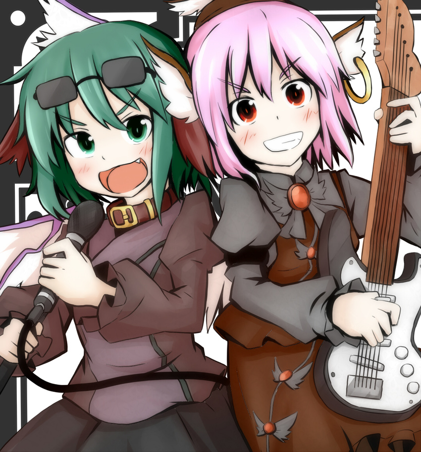 alternate_costume animal_ears bird_wings brooch choujuu_gigaku collar electric_guitar eyewear_on_head fang green_eyes green_hair grin guitar hat instrument jewelry juliet_sleeves kasodani_kyouko kuroneko_(kuroi-neko) long_sleeves looking_at_viewer microphone multiple_girls mystia_lorelei open_mouth pink_hair puffy_sleeves red_eyes short_hair single_earring smile sunglasses touhou wings