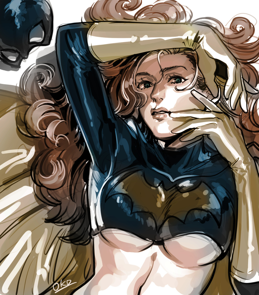 barbara_gordon batgirl blue_eyes breasts crop_top curly_hair dc_comics elbow_gloves gloves highres large_breasts lips long_hair lying mask mask_removed midriff no_bra nose okada_(hoooojicha) on_back red_hair solo underboob