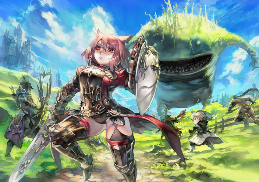 2girls animal_ears aoin armor arrow axe battle_axe black_panties blonde_hair blue_sky bow_(weapon) castle cat_ears cloud commentary day fangs final_fantasy final_fantasy_xiv garter_straps goobbue_(final_fantasy) helmet highres lalafell metal_boots miqo'te monster multiple_boys multiple_girls panties pink_eyes pink_hair shield showgirl_skirt sky sword thighhighs underwear weapon