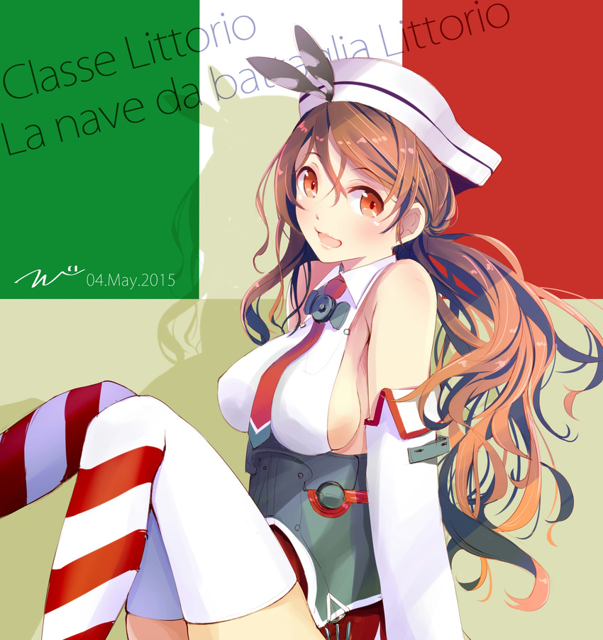 arm_support bare_shoulders breasts brown_eyes brown_hair character_name corset dated detached_sleeves flag_background hat highres italian italian_flag italy kantai_collection knees_together_feet_apart large_breasts littorio_(kantai_collection) long_hair looking_at_viewer looking_to_the_side necktie open_mouth ponytail shadow sideboob sitting smile solo striped striped_legwear tebi_(tbd11) thighhighs translated wavy_hair white_legwear