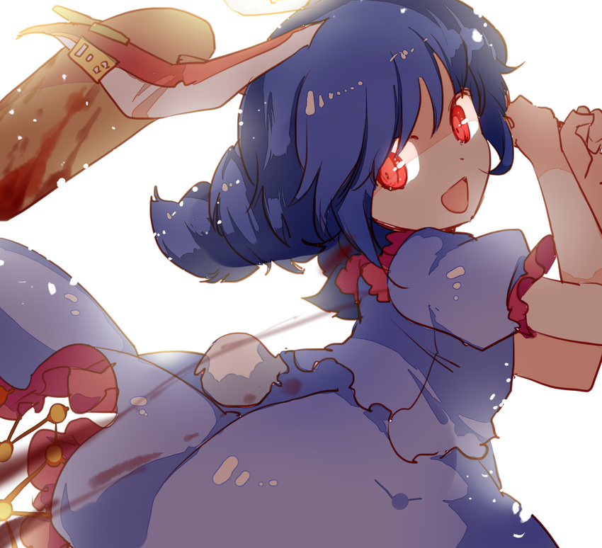 animal_ears backlighting blue_hair bunny_ears bunny_tail ear_clip highres kine looking_at_viewer mallet open_mouth ponytail puffy_short_sleeves puffy_sleeves red_eyes seiran_(touhou) shirt short_sleeves skirt skirt_set smile solo tail touhou yetworldview_kaze