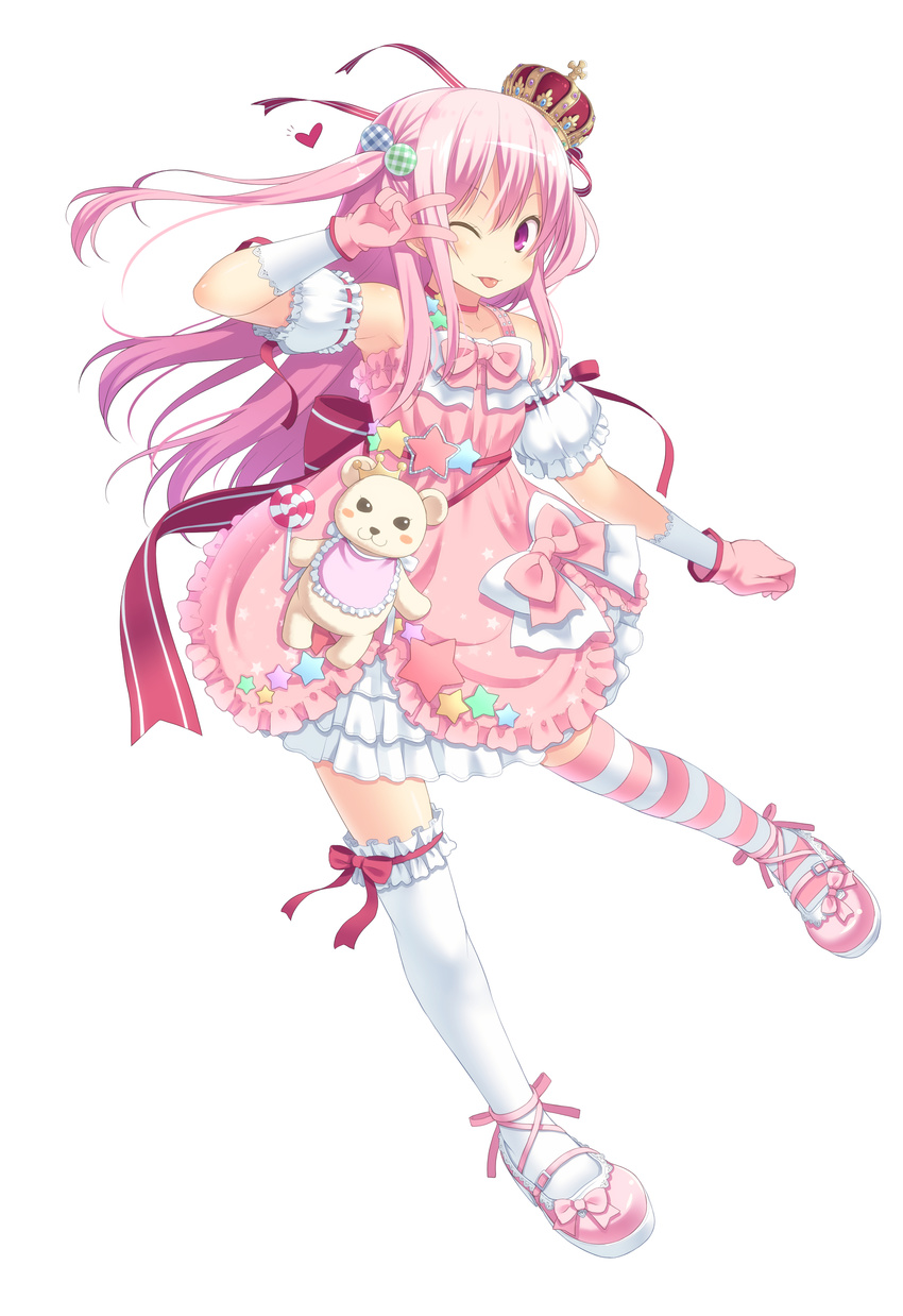 :p absurdres amamiya_minato bad_id bad_pixiv_id bare_shoulders candy food gloves highres lollipop long_hair mismatched_legwear one_eye_closed original pink_hair red_eyes simple_background solo star swirl_lollipop thighhighs tongue tongue_out v white_background