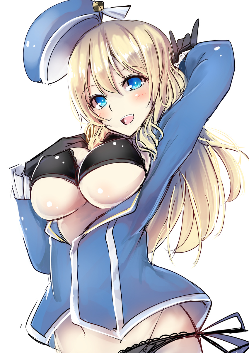 \m/ absurdres atago_(kantai_collection) beret black_bra black_gloves black_panties blonde_hair blue_eyes blush bra breasts breasts_outside gloves hat highres kantai_collection korezyanai large_breasts long_hair long_sleeves looking_at_viewer military military_uniform no_pants open_clothes open_mouth panties side-tie_panties simple_background sketch smile solo underwear uniform upper_body white_background