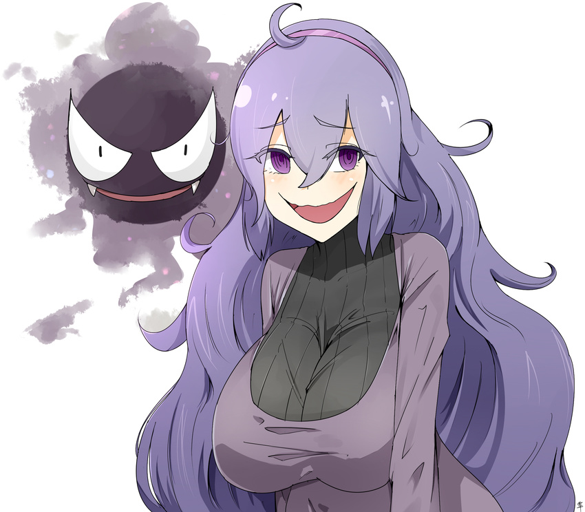 ahoge alternate_breast_size blush breasts crazy_eyes gastly gen_1_pokemon hairband hex_maniac_(pokemon) highres huge_breasts long_hair messy_hair open_mouth pale_skin pokemon pokemon_(creature) pokemon_(game) pokemon_xy purple_eyes purple_hair purple_hairband senju_(snz0) sweater