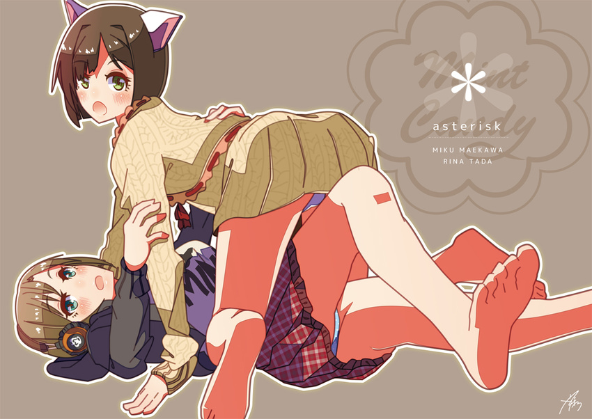 animal_ears asterisk_(idolmaster) barefoot blue_eyes brown_hair cat_ears commentary green_eyes headphones idolmaster idolmaster_cinderella_girls maekawa_miku multiple_girls panties short_hair tada_riina underwear yadokugaeru