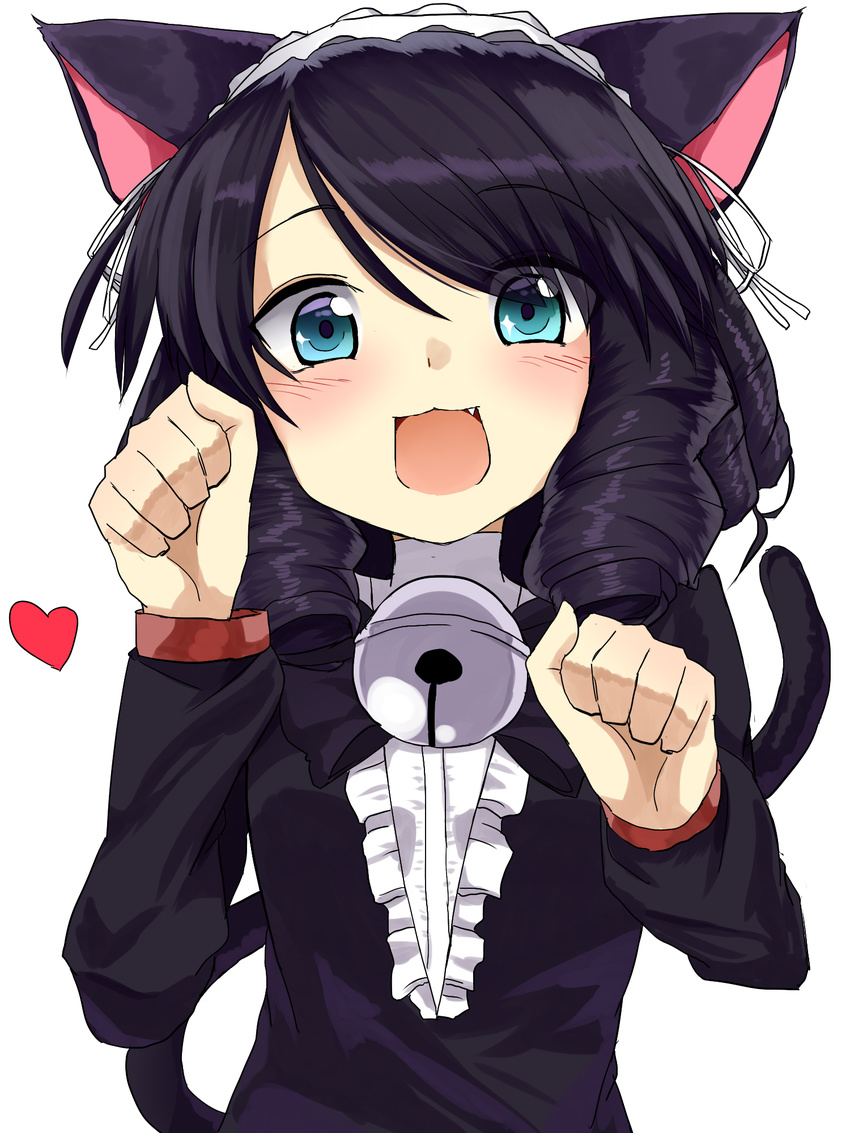animal_ears aqua_eyes bell bell_collar black_dress black_hair cat_ears cat_tail collar cyan_(show_by_rock!!) dress drill_hair eyes_visible_through_hair fang hairband heart highres lolita_fashion lolita_hairband long_sleeves looking_at_viewer open_mouth paw_pose show_by_rock!! smile solo tail upper_body yamato_(muchuu_paradigm)