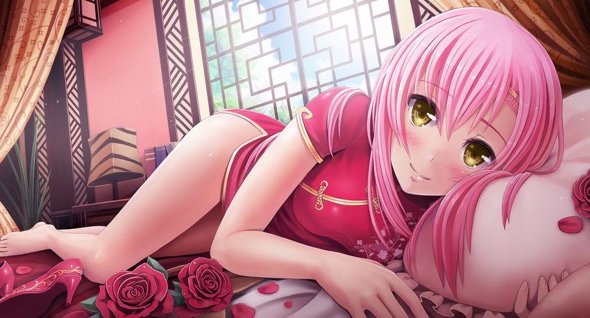 bangs bare_legs barefoot bed bedroom blush breasts china_dress chinese_clothes curtains dress flower frilled_pillow frills hair_ornament hairclip hayate_no_gotoku! high_heels highres indoors katsura_hinagiku lamp lattice lips long_hair long_legs looking_at_viewer lying medium_breasts on_bed on_side petals pillow pink_hair red_dress red_footwear rose rose_petals shoes shoes_removed short_dress short_sleeves side_slit smile solo sunimu window yellow_eyes