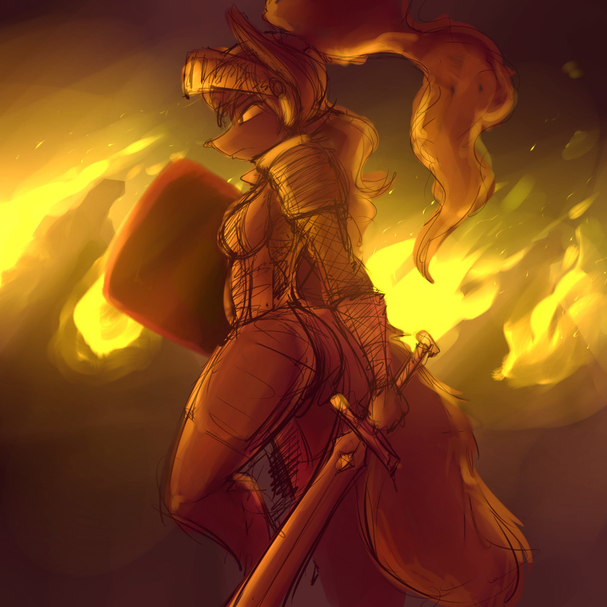 armor canine clothed clothing female fire fox mammal plume shield sword tgwonder weapon