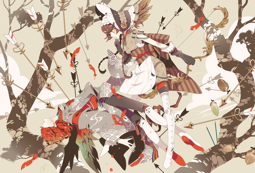 1girl acorn arrow bird_wings blood bloody_clothes bonnet boots bow_(weapon) braid brown_hair commentary_request curly_hair feathers gloves japanese_clothes knee_boots large_buttons long_hair looking_at_another obi original pants red_hair sash shikimi_(yurakuru) striped thigh_boots thighhighs tree twin_braids vertical_stripes weapon white_footwear wings