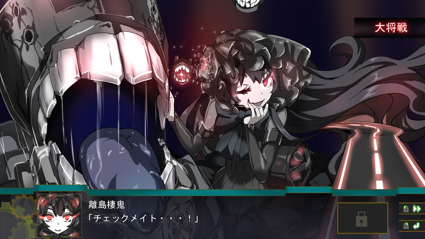 black_dress black_hair bonnet bow bowtie dress drooling glowing glowing_eyes gothic_lolita hand_on_own_face highres isolated_island_oni kantai_collection lolita_fashion long_hair red_eyes runway shinkaisei-kan solo straight_hair stroking super_robot_wars teeth tenrai translated