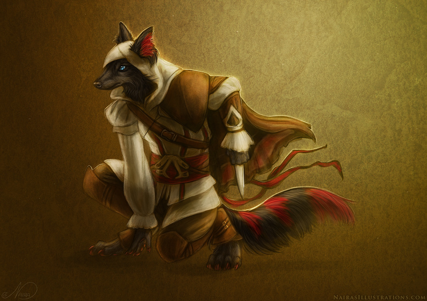 2015 anthro assassin's_creed belt black_fur blade blue_eyes canine claws clothing coat dog ezio_auditore fur kneeling male mammal naira pants pawpads paws portrait red_fur red_stripes solo video_games