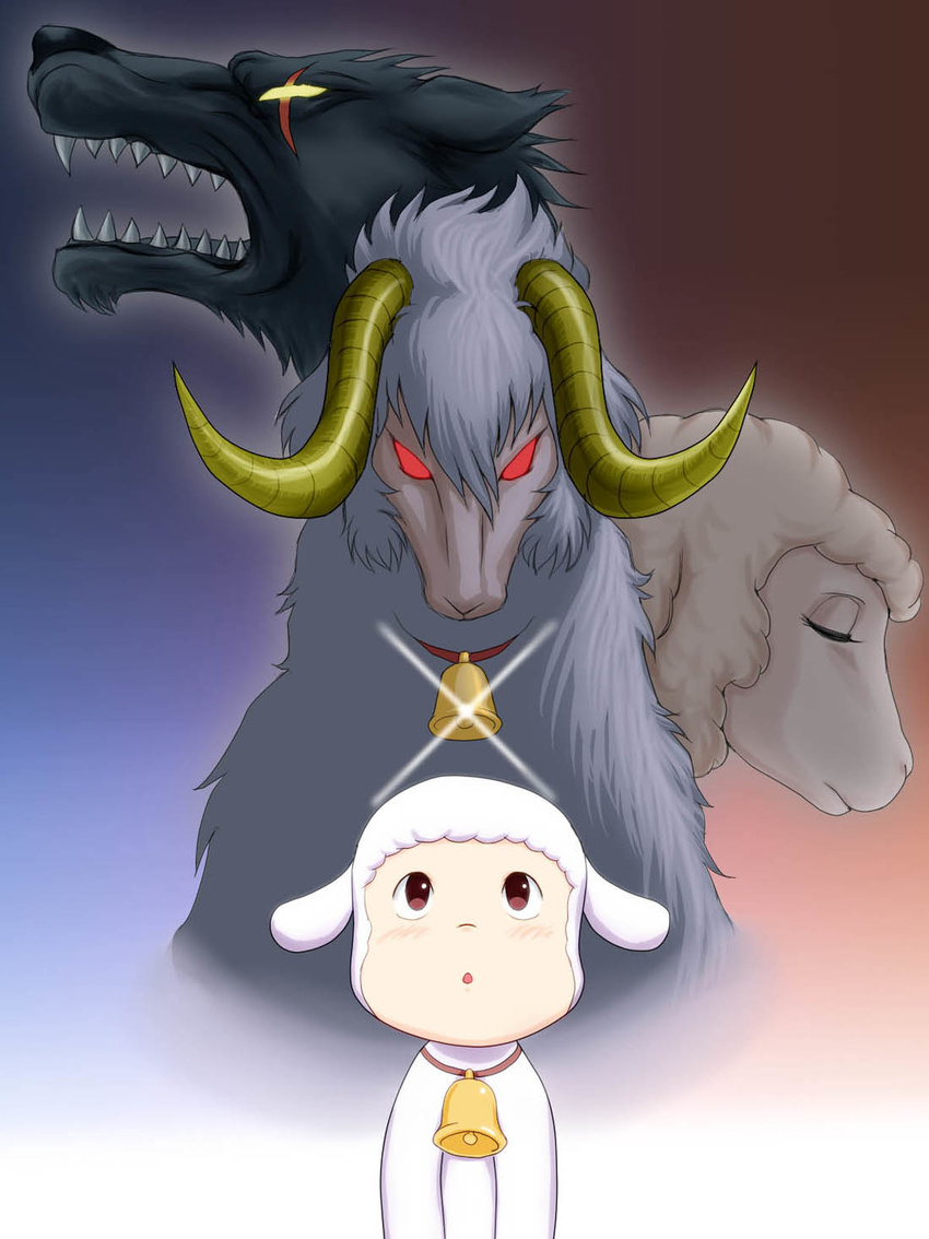 chirin chirin's_mother_(chirin_no_suzu) chirin_no_suzu commentary_request dual_persona highres horns maboroshi_dandy no_humans red_eyes scar sheep sheep_horns wolf woo_(chirin_no_suzu) yellow_eyes