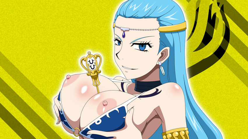 1girl aquarius aquarius_(fairy_tail) areolae armpits bare_shoulders between_breasts bikini_top blue_eyes blue_hair breast_grab breasts breasts_outside earrings fairy_tail female grabbing highres jewelry key large_breasts long_hair looking_at_viewer lots_of_jewelry nipples simple_background smile solo tattoo
