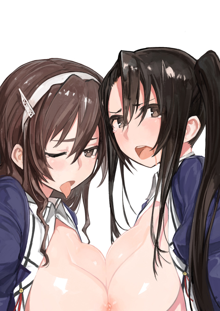 absurdres ashigara_(kantai_collection) black_eyes black_hair blush breast_press breasts brown_hair hairband highres kantai_collection kylin large_breasts long_hair looking_at_viewer multiple_girls nachi_(kantai_collection) nipples one_eye_closed open_clothes side_ponytail sidelocks simple_background symmetrical_docking tears tongue tongue_out uniform white_background