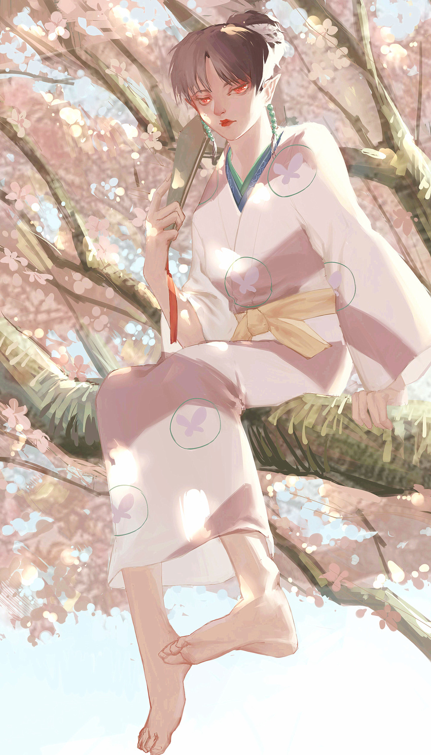 absurdres bangs barefoot beads cherry_blossoms earrings expressionless fan feet folding_fan foot_dangle full_body hair_bun highres holding holding_fan in_tree inuyasha japanese_clothes jewelry kagura_(inuyasha) kimono lips lipstick looking_at_viewer makeup pointy_ears qi_hui red_eyes red_lipstick sash short_hair sitting sitting_in_tree soles solo spring_(season) tassel tied_hair toes tree tree_branch