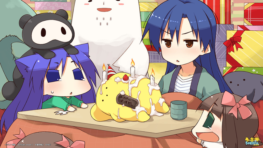 ajipon akane_yuki animal animal_on_head blue_eyes blue_hair brown_eyes candle chihyaa clone cup darth_wooser food fork fruit gift haruka-san hat highres idolmaster idolmaster_(classic) jitome kisaragi_chihaya kotatsu long_hair lying multiple_girls namae_wo_yonde_wa_ikenai_ano_doubutsu on_head open_mouth party_hat puchimasu! strawberry table title triangle_mouth wooser_(character) wooser_no_sono_higurashi