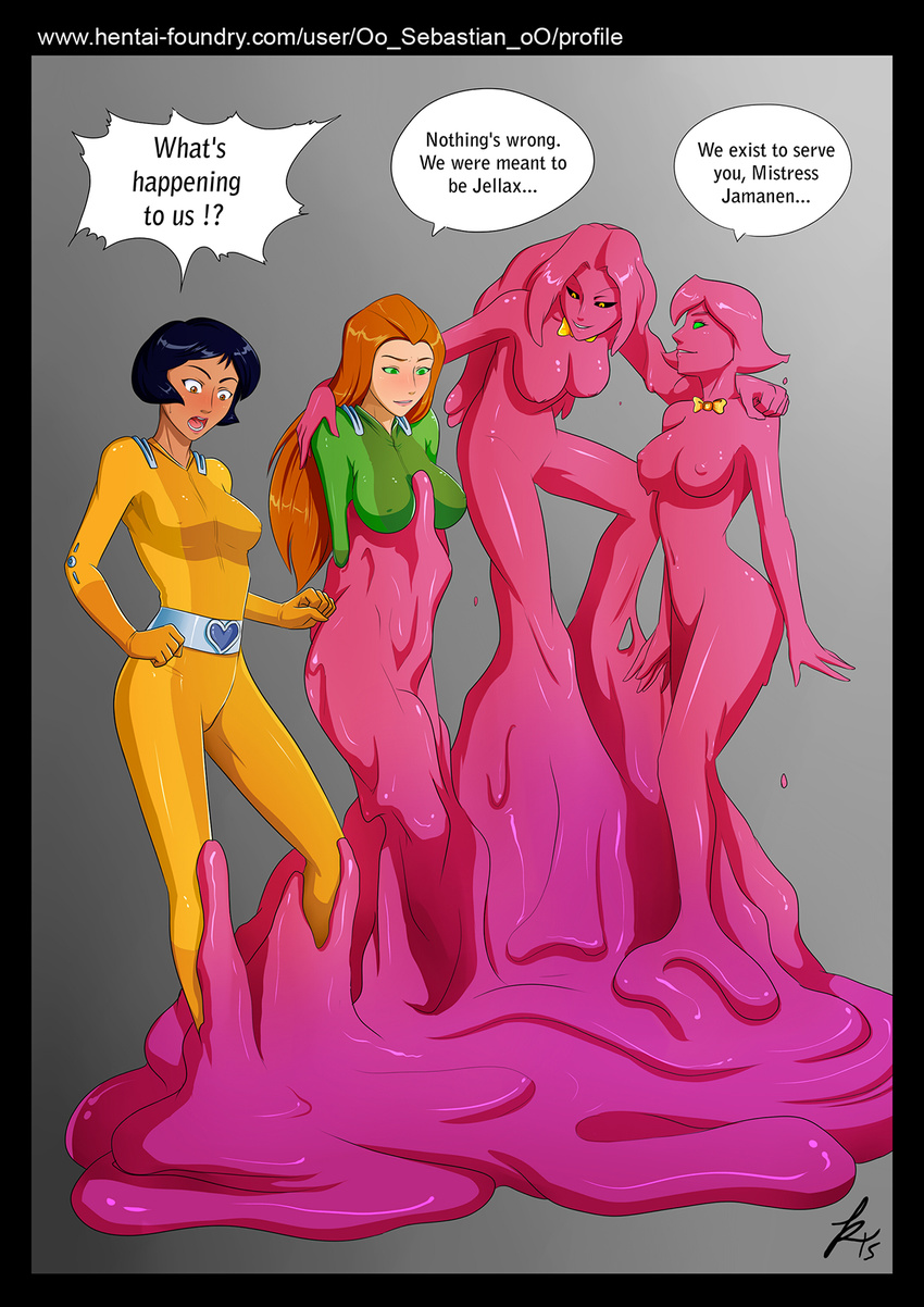 alex big_breasts black_hair breasts clothed clothing clover dialogue green_eyes hair jelly nipples nude sailor_moon sam slime surprise text totally_spies transforming yellow_eyes