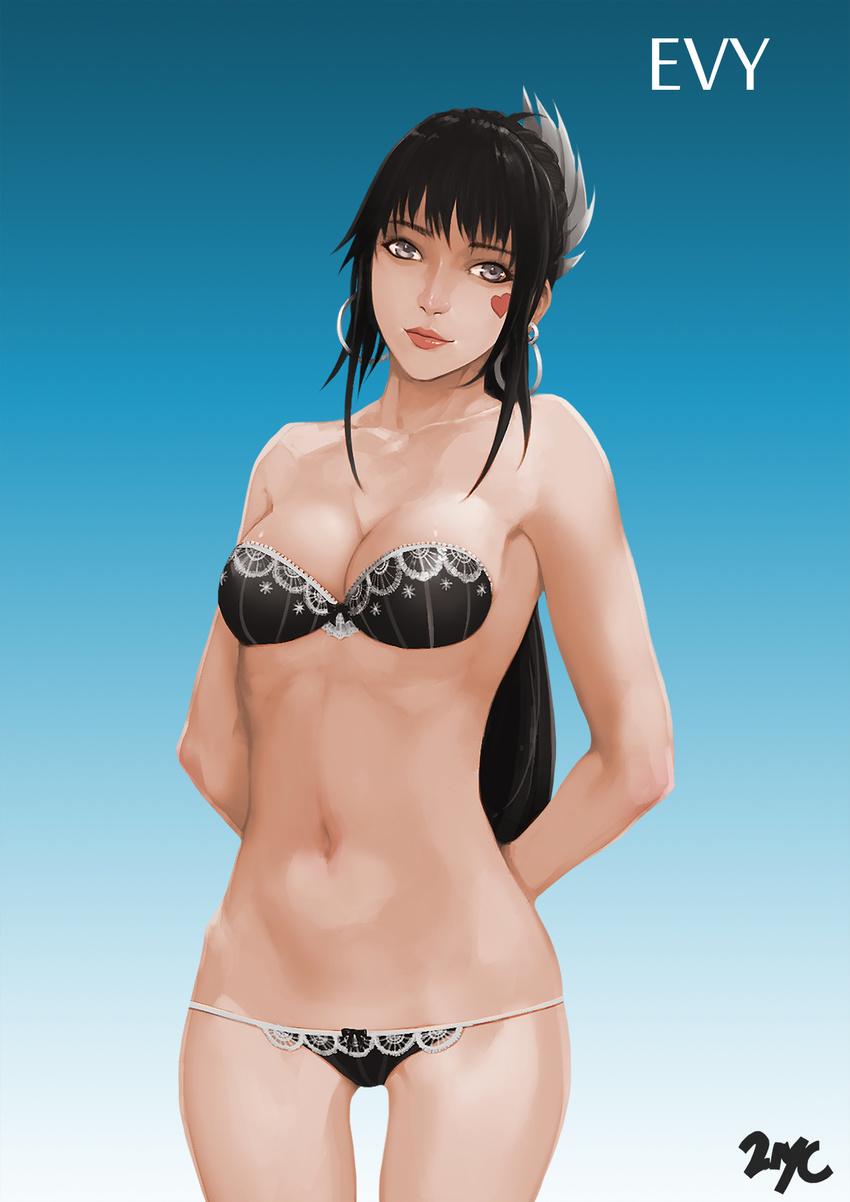 21yc_(september_breeze) black_hair bra breasts earrings evy_(mabinogi) facial_mark heart highres hoop_earrings jewelry looking_at_viewer mabinogi mabinogi_heroes medium_breasts panties silver_eyes smile solo strapless strapless_bra underwear underwear_only