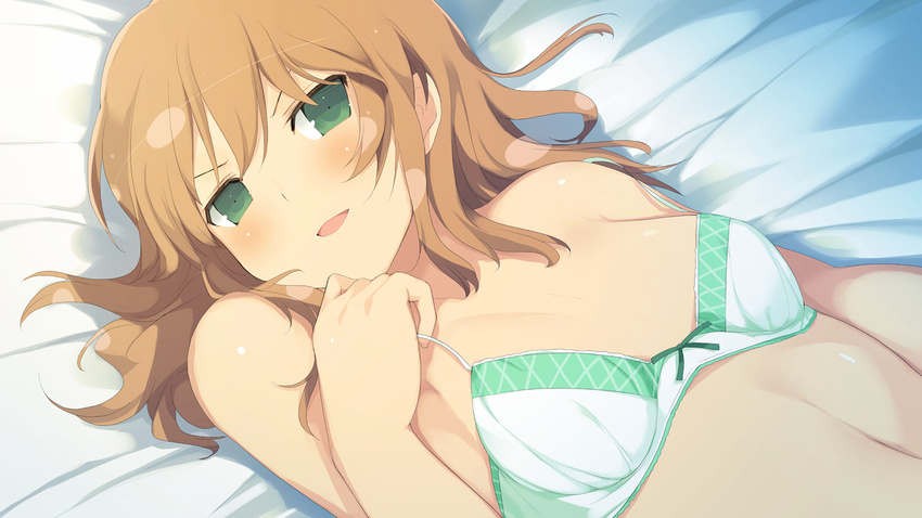 1girl bed blush bra breasts brown_hair evenicle game_cg green_eyes highres kathryn long_hair looking_at_viewer lying navel open_mouth small_breasts solo underwear yaegashi_nan