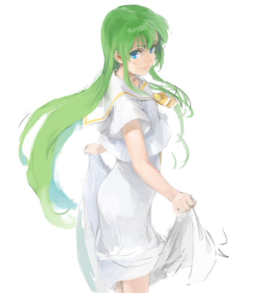 alice_carroll aria blue_eyes dress dress_lift from_side green_hair highres kuroko_(piii) long_hair looking_at_viewer no_hat no_headwear simple_background smile solo standing uniform white_background