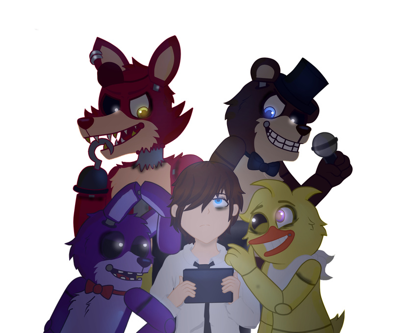 animatronic avian bear bird bonnie_(fnaf) bow_tie canine chica_(fnaf) chicken ear_piercing eye_patch eyewear female five_nights_at_freddy's fox foxy_(fnaf) freddy_(fnaf) gloriapainthtf_(artist) glowing glowing_eyes hat hook human lagomorph machine male mammal mechanical mike_schmidt piercing rabbit robot tablet teeth top_hat video_games