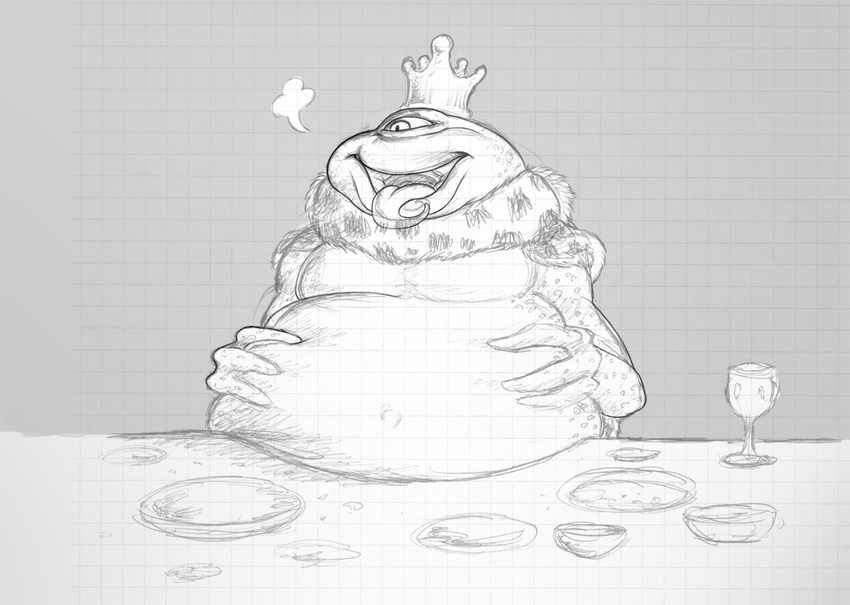 1_eye 2013 alien amphibian anthro belly big_belly crown eating frog full glass hand_on_belly kalnareff monochrome open_mouth royalty sketch smile solo table tongue tongue_out