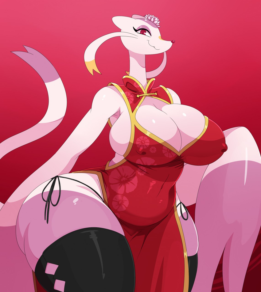 anthro big_breasts black_legwear black_nose breasts chinese_clothing chinese_dress cleavage cleavage_cutout clothed clothing digital_media_(artwork) dress erect_nipples female flower legwear looking_at_viewer mienshao nintendo nipples plant pok&eacute;mon red_eyes smile solo sssonic2 thick_thighs video_games wide_hips