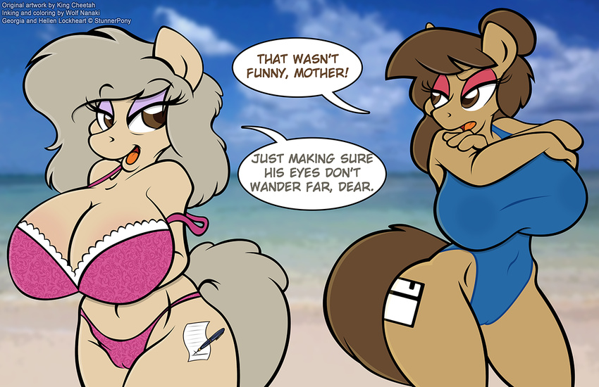 2015 anthro big_breasts bikini breasts cleavage clothed clothing earth_pony english_text equine fan_character female georgia_lockheart hellen_lockheart horse huge_breasts king-cheetah mammal mother_and_daughter my_little_pony one-piece_swimsuit pony swimsuit text wolfnanaki