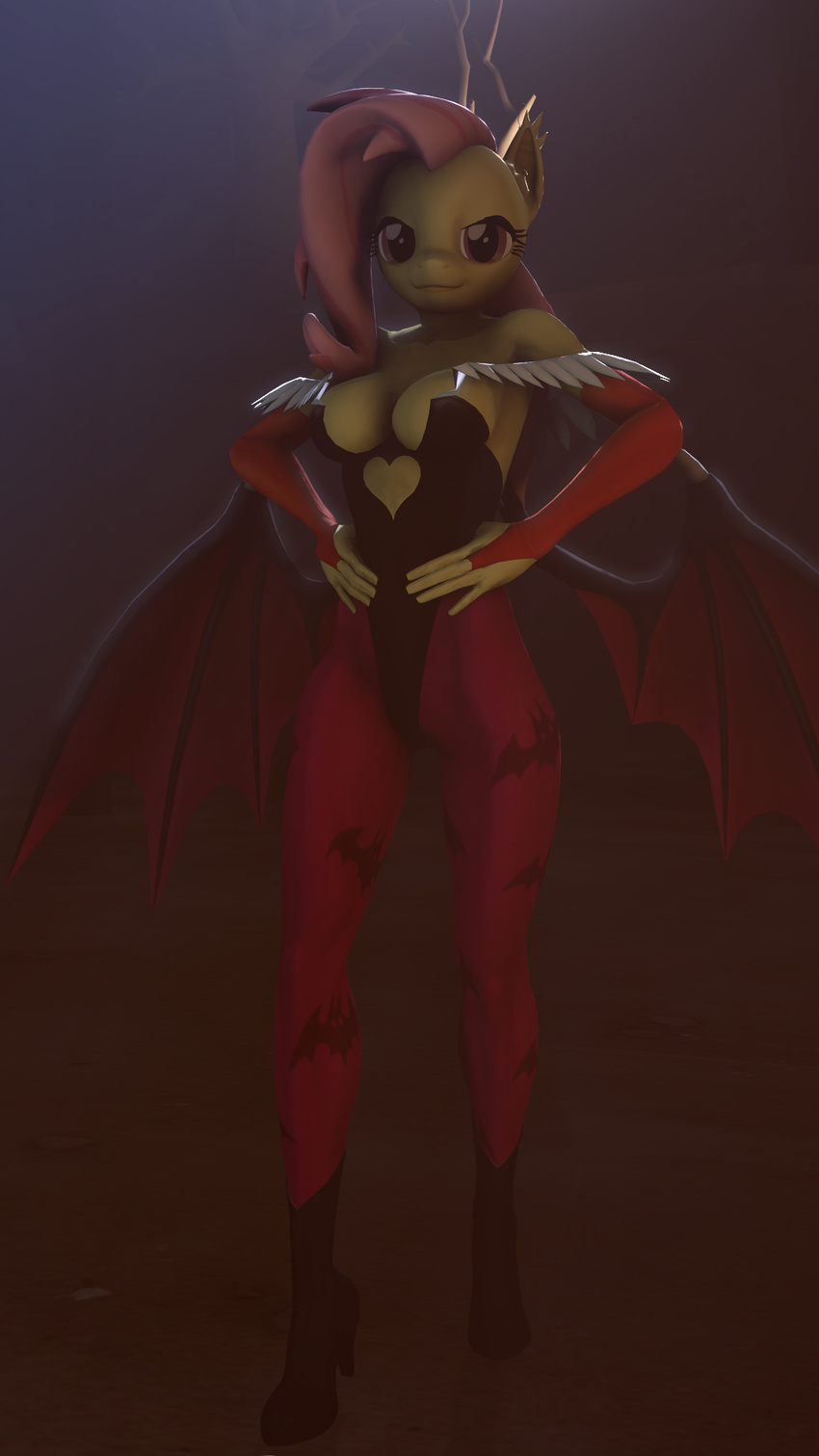 2015 3d anthro bat_pony big_breasts breasts cleavage clothed clothing cosplay darkstalkers dashie116 female flutterbat_(mlp) fluttershy_(mlp) friendship_is_magic my_little_pony video_games