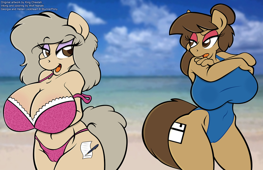 2015 anthro big_breasts bikini breasts cheetah cleavage clothed clothing earth_pony equine fan_character feline female horse huge_breasts king-cheetah mammal mother_and_daughter my_little_pony one-piece_swimsuit pony swimsuit wolfnanaki