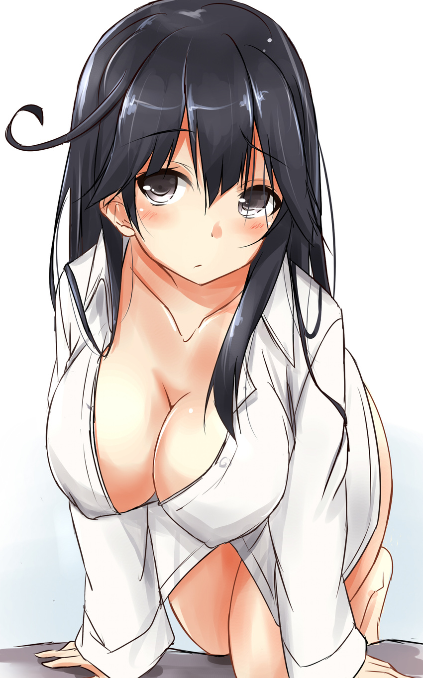 absurdres all_fours black_hair blush bottomless breasts cleavage commentary dress_shirt grey_eyes highres kantai_collection large_breasts leaning_forward long_hair looking_at_viewer naked_shirt saku_(kudrove) shirt solo ushio_(kantai_collection)