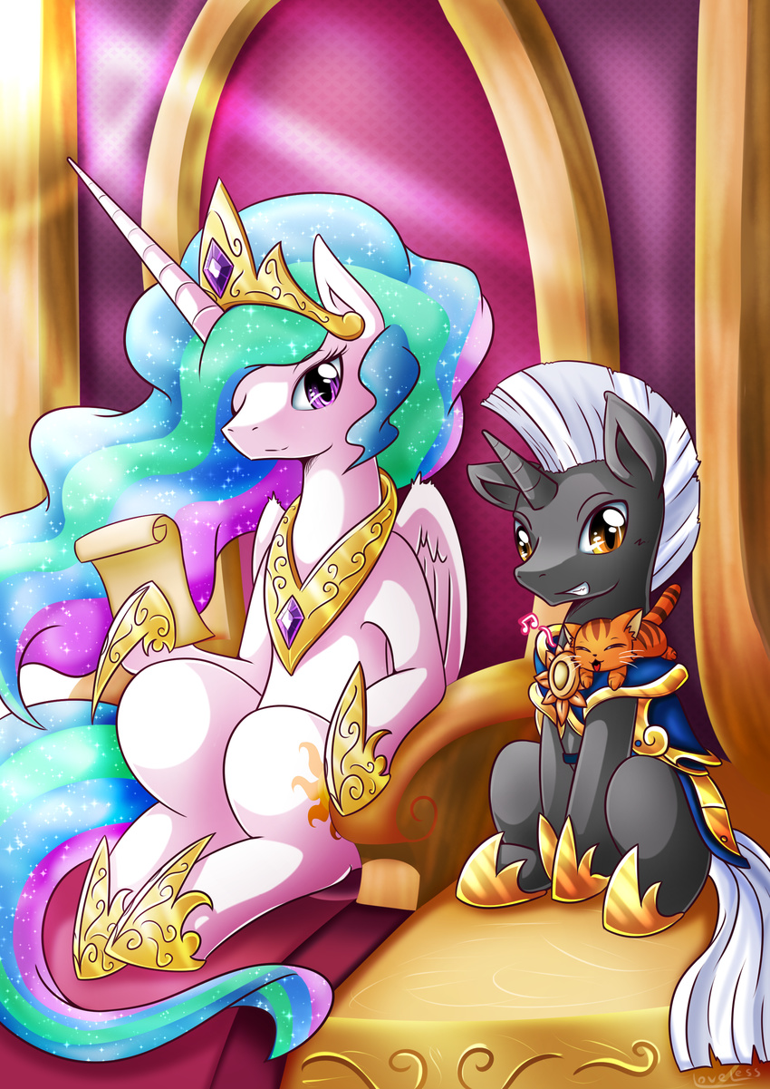 2015 armor cat crown equine fan_character feline female feral friendship_is_magic horn male mammal my_little_pony princess_celestia_(mlp) sitting throne unicorn vavacung winged_unicorn wings