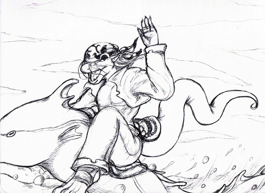 2012 ambiguous_gender bandanna barefoot bubble claws clothing dragon duo fish hair kalnareff male marine monochrome open_mouth pants riding saddle scalie seahorse shirt sitting sketch teeth tongue underwater water