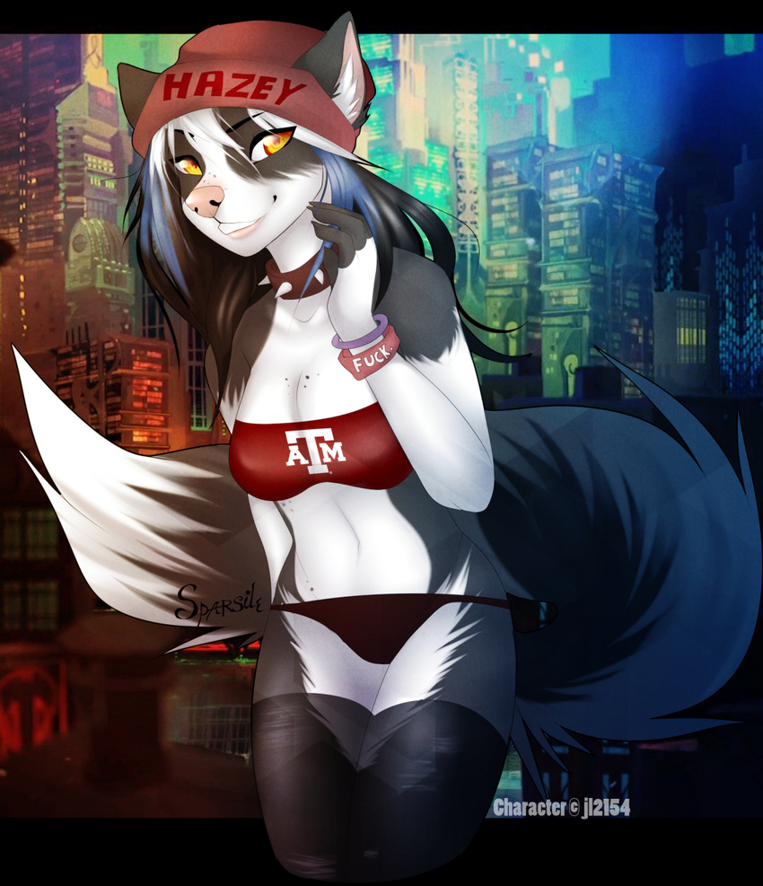 amber_eyes anthro black_and_white_hair blue_highlights breasts canine clothed clothing collar english_text female fluffy_tail fur hair hat highlights leaning leaning_forward legwear long_hair looking_at_viewer mammal navel orange_eyes panties signature skimpy smile solo sparsile spiked_collar standing stockings text thick_thighs thigh_highs two_tone_hair underwear wide_hips wristband