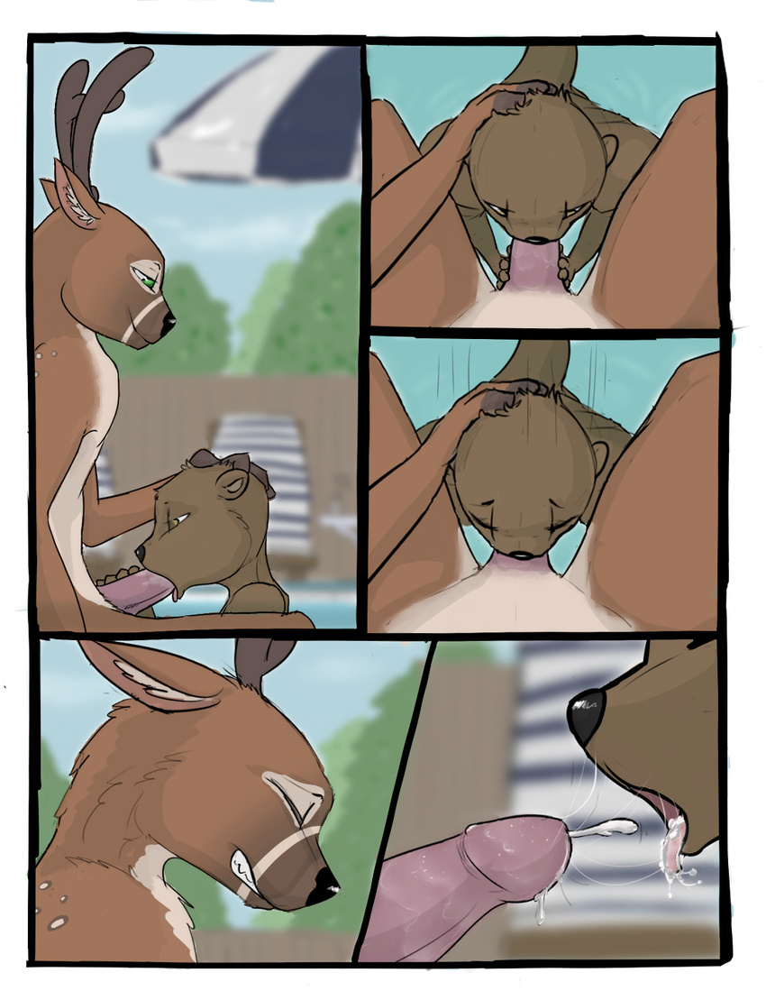 anthro cervine comic cum cum_in_mouth cum_inside deer duo first_person_view koba male male/male mammal mustelid oral otter penis