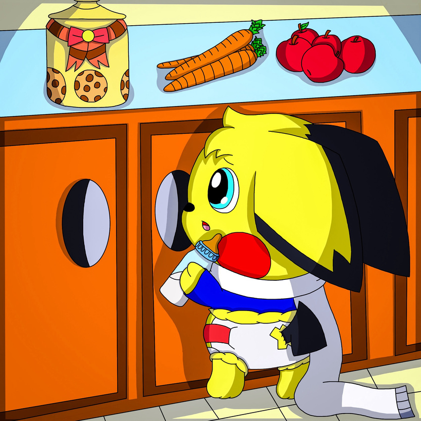 apple bottle carrot cookie cub cute diaper food fruit hi_res infantilism inside kitchen male milk nintendo oshawott222_(artist) padded pichu pok&eacute;mon solo video_games young