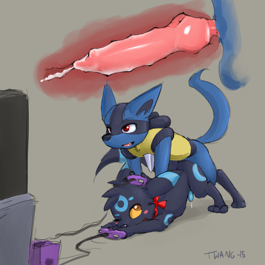 2015 3_toes all_fours anal anal_penetration animal_genitalia balls black_fur blush controller cum cum_inside doggystyle duo eeveelution erection feral from_behind fur gaming hi_res knot lucario male male/male multitasking nintendo paws penetration penis playing_videogame pok&eacute;mon sex teeth toes twang umbreon video_games