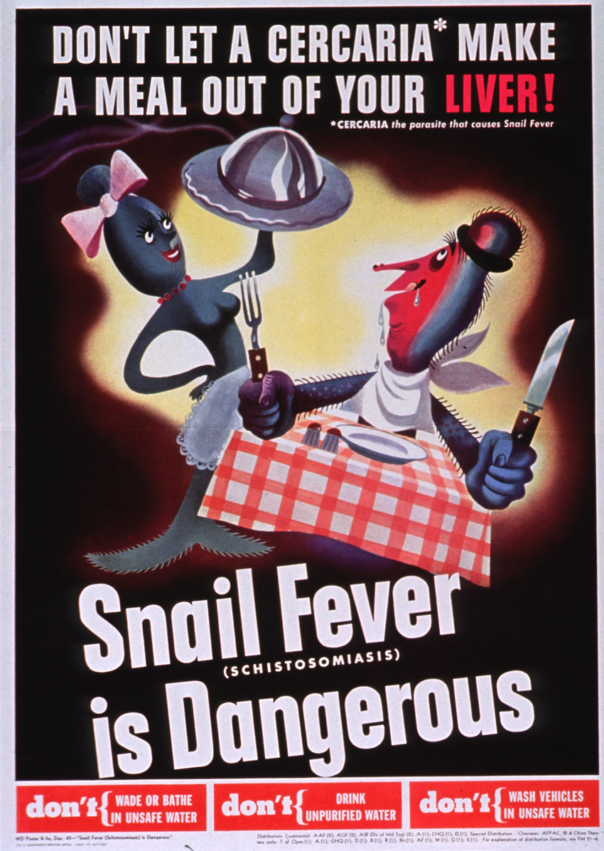 1945 anthro apron breasts cercaria drooling duo english_text female fork government_printing_office knife male parasite poster propaganda saliva schistosomiasis smile snail_fever text tongue unknown_artist waiter