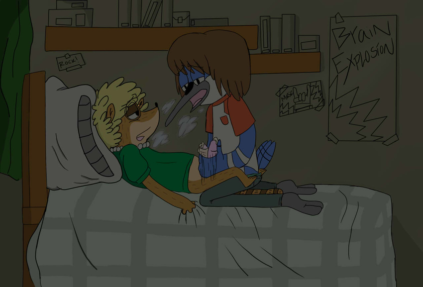 avian bed bedroom bird blonde_hair blue_feathers blue_jay book bottomless brown_fur brown_hair cartoon_network clothed clothing duo frottage fur hair half-closed_eyes half-dressed handjob holding_bed iheartrainbowsnskittles inside male male/male mammal mordecai_(regular_show) on_bed open_mouth pants penis pillow poster precum raccoon regular_show rigby_(regular_show) sex shirt tongue uncut young