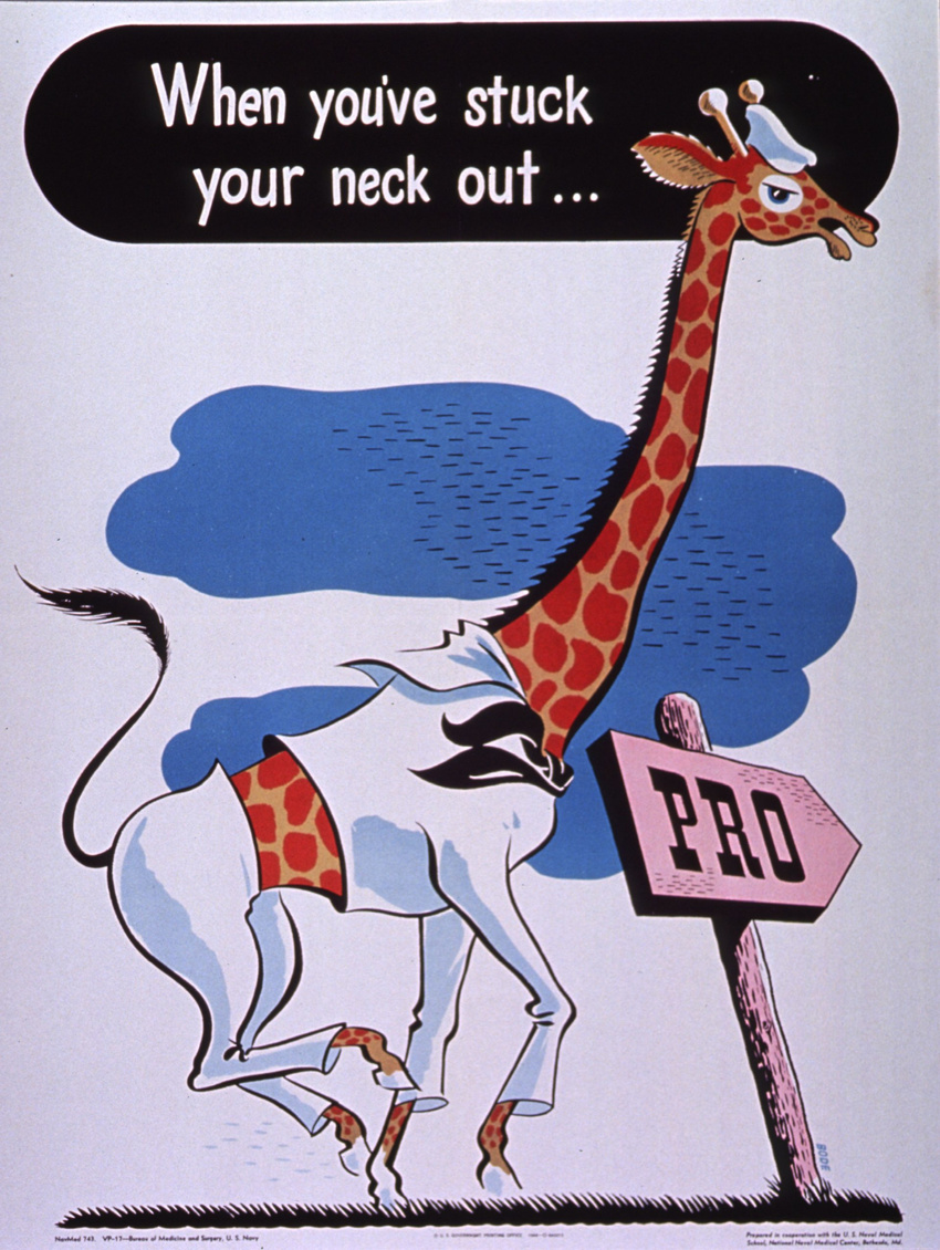 1945 bode english_text giraffe government_printing_office hat male mammal open_mouth poster propaganda sailor_uniform solo text