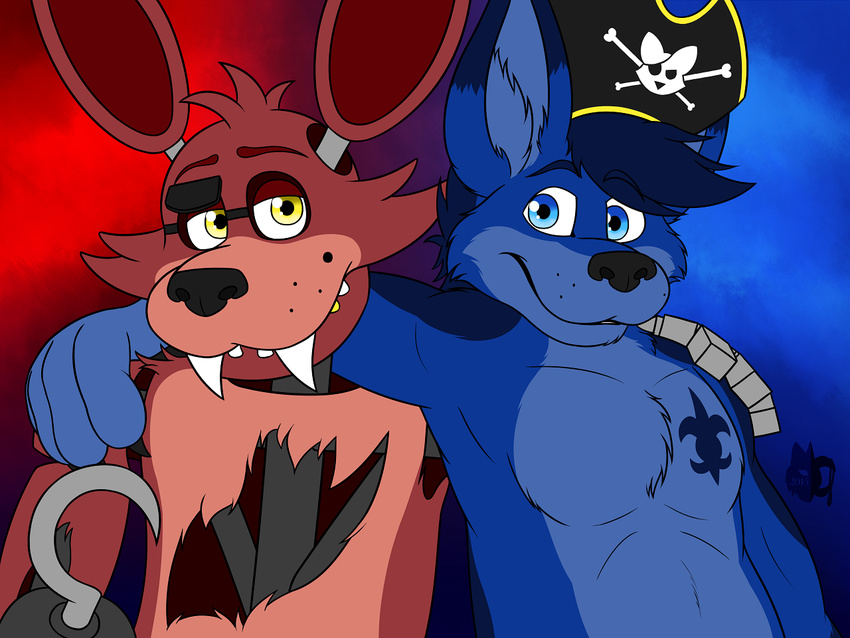 abs animatronic bleuxwolf blue_eyes canine chest_tuft duo eye_patch eyewear fan_character five_nights_at_freddy's foxy_(fnaf) fur hat hook machine male mammal mechanical muscles pecs robot tattoo teeth tuft video_games wolf yellow_eyes