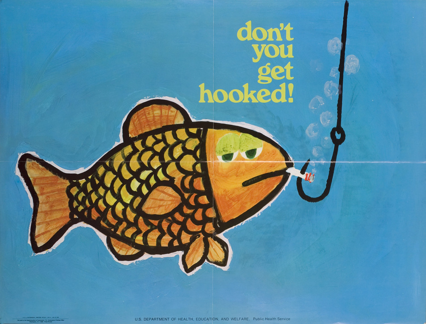 1970 ambiguous_gender bubble cigarette english_text fish government_printing_office hook marine poster propaganda smoking solo text underwater unknown_artist water